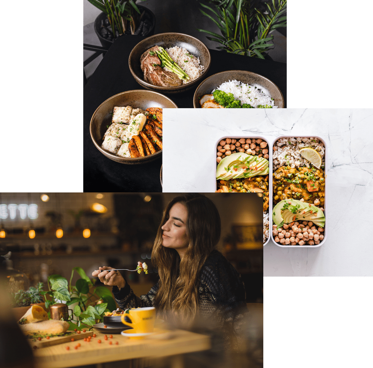 Women enjoying eating food, meals in storage container and food bowls on a table